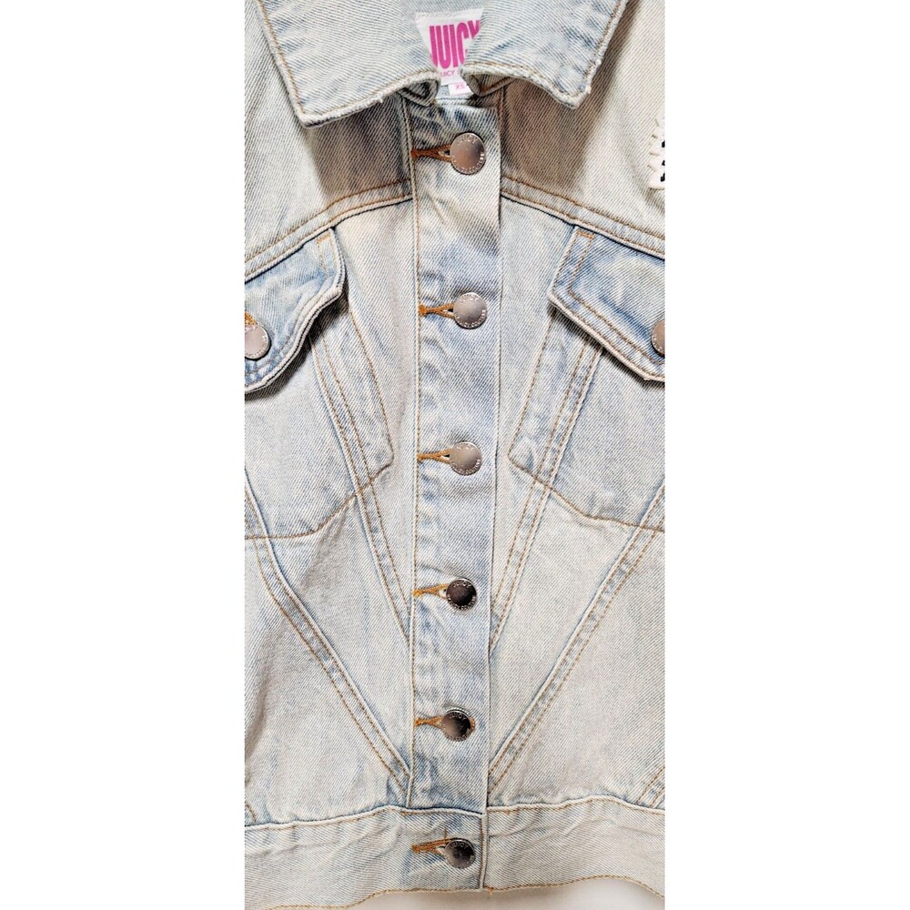 Juicy Couture Womens Y2K Denim Jean Jacket Cabana Wash Tattoo Patches Heart XS - Picture 5 of 16
